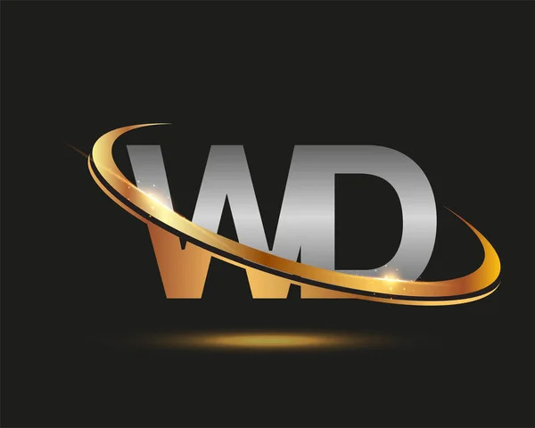 首字母Wd标志型公司的名称有色金色和银色Swoosh设计 在黑色背景上隔离 — 图库矢量图片