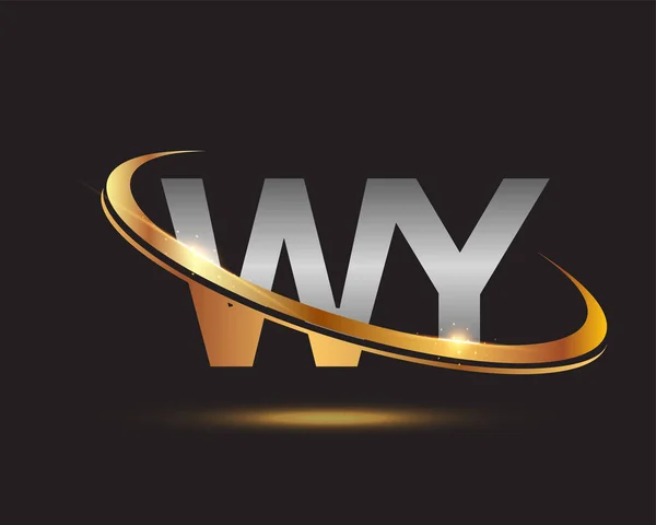 最初的字母Wy标志公司的名称有色黄金和银粉设计 在黑色背景上隔离 — 图库矢量图片