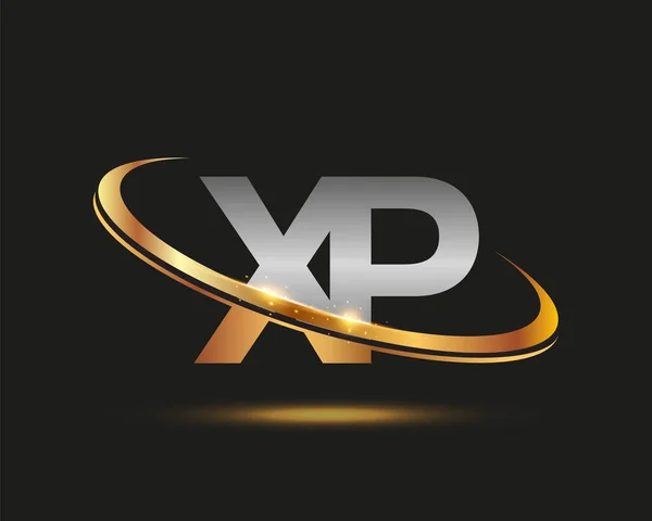 最初の文字Xpのロゴタイプ会社名は金と銀のスウッシュのデザインを着色しました 黒い背景に隔離され — ストックベクタ