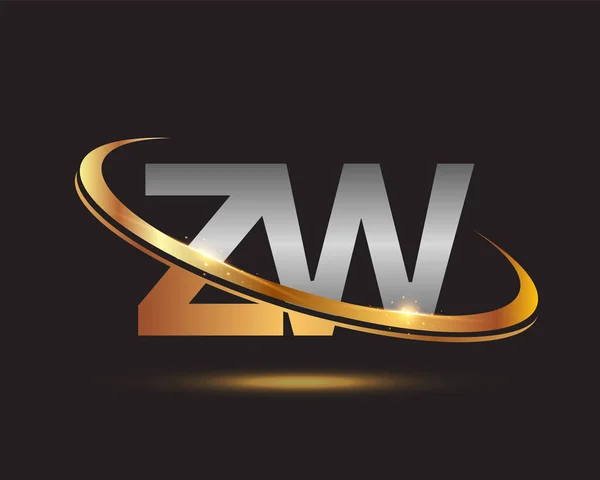 最初的字母Zw标志公司的名称有色黄金和银Swoosh设计 在黑色背景上隔离 — 图库矢量图片