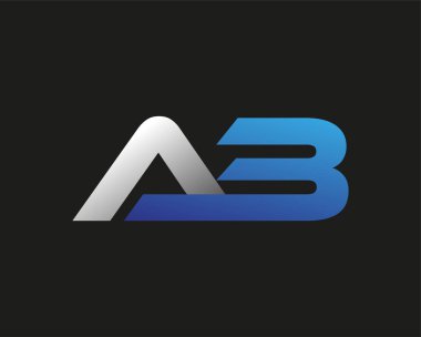 İlk harf AB logotype şirketinin adı mavi ve gümüş rengi desenli. Siyah arkaplanda izole.
