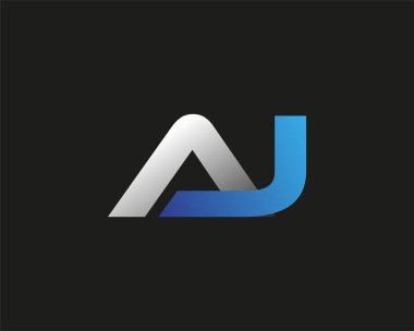 İlk harf AJ logotype şirketinin adı mavi ve gümüş rengi desenli. Siyah arkaplanda izole.