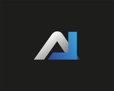 İlk harfi AI logotype şirketinin adı mavi ve gümüş rengi Swoosh tasarımı. Siyah arkaplanda izole.