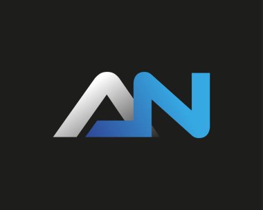 İlk harf AN logotype şirketi adı mavi ve gümüş rengi. Siyah arkaplanda izole.