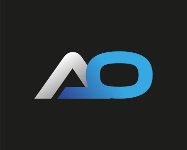 İlk harf AO logotype şirketinin adı mavi ve gümüş rengi desenli. Siyah arkaplanda izole.