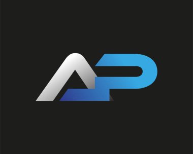 İlk harf AP logotype şirketinin adı mavi ve gümüş rengi desenli. Siyah arkaplanda izole.