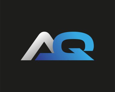 İlk harfi AQ logotype şirketinin adı mavi ve gümüş rengi desenli. Siyah arkaplanda izole.
