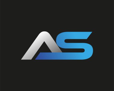 İlk harf AS logotype şirketi adı mavi ve gümüş rengi. Siyah arkaplanda izole.