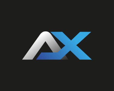 İlk harf AX logotype şirketi adı mavi ve gümüş rengi desenli. Siyah arkaplanda izole.