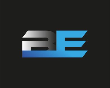 İlk harf BE logotype şirketinin adı mavi ve gümüş rengi desenli. Siyah arkaplanda izole.
