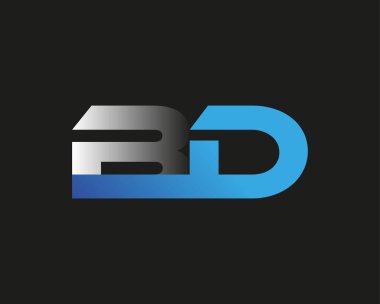 İlk harf BD logotype şirketinin adı mavi ve gümüş rengi desenli. Siyah arkaplanda izole.