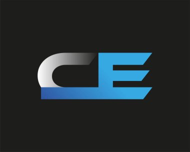 İlk harf CE logotype şirketinin adı mavi ve gümüş rengi desenli. Siyah arkaplanda izole.