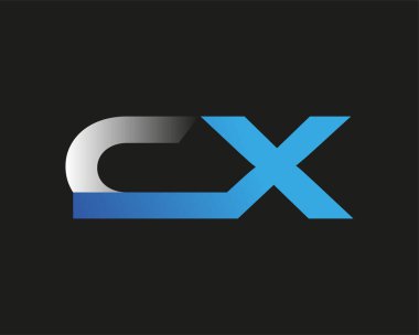 İlk harf CX logotype şirketinin adı mavi ve gümüş rengi desenli. Siyah arkaplanda izole.