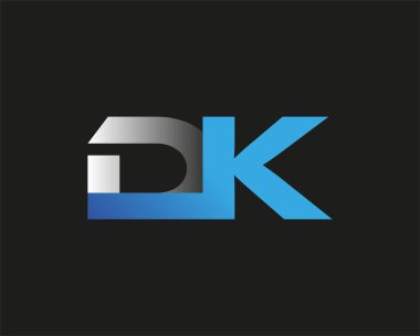 İlk harf DK logotype şirket adı mavi ve gümüş rengi swoosh tasarımı. Siyah arkaplanda izole.