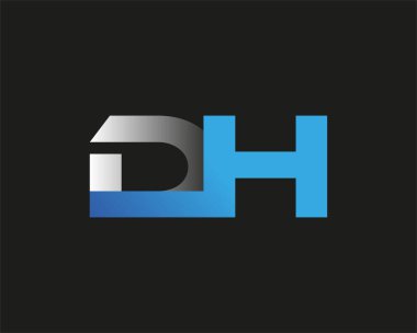 İlk harf DH logotype şirketi adı mavi ve gümüş rengi. Siyah arkaplanda izole.