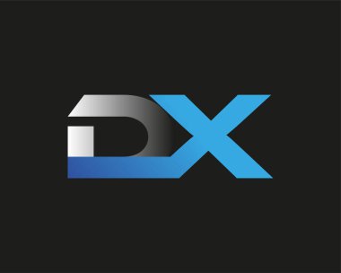 İlk harf DX logotype şirket adı mavi ve gümüş rengi Swoosh tasarımı. Siyah arkaplanda izole.