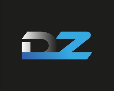 İlk harf DZ logotype şirket adı mavi ve gümüş rengi swoosh tasarımı. Siyah arkaplanda izole.