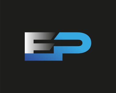 İlk harf EP logotype şirketinin adı mavi ve gümüş rengi desenli. Siyah arkaplanda izole.