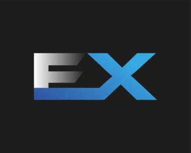 İlk harf EX logotype şirketi adı mavi ve gümüş rengi desenli. Siyah arkaplanda izole.