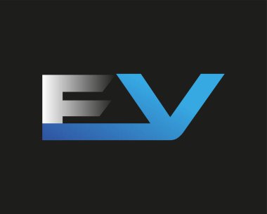 İlk harf EV logotype şirketinin adı mavi ve gümüş rengi desenli. Siyah arkaplanda izole.