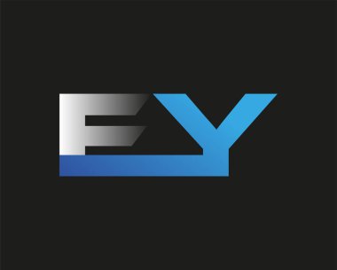 İlk harf EY logotype şirketinin adı mavi ve gümüş rengi desenli. Siyah arkaplanda izole.