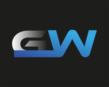 İlk harf GW logotype şirketinin adı mavi ve gümüş rengi desenli. Siyah arkaplanda izole.