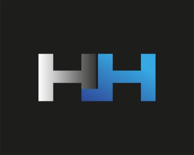 İlk harf HH logotype şirketinin adı mavi ve gümüş rengi desenli. Siyah arkaplanda izole.