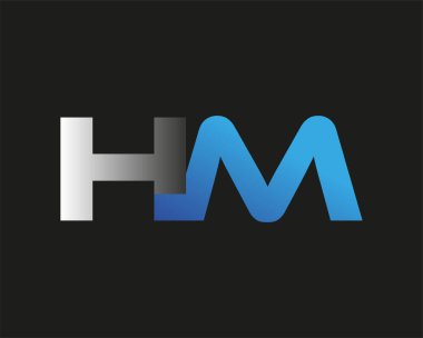 İlk harf HM logotype şirketinin adı mavi ve gümüş rengi desenli. Siyah arkaplanda izole.