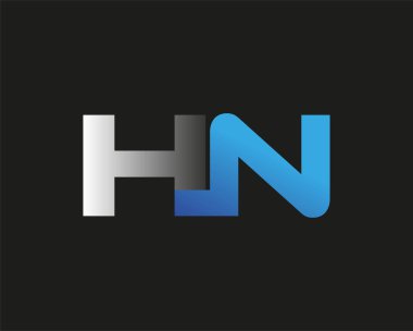 İlk harf HN logotype şirketinin adı mavi ve gümüş rengi desenli. Siyah arkaplanda izole.