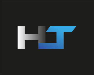 İlk harf HT logotype şirketinin adı mavi ve gümüş rengi desenli. Siyah arkaplanda izole.