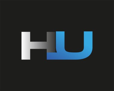 İlk harf HU logotype şirketinin adı mavi ve gümüş rengi desenli. Siyah arkaplanda izole.