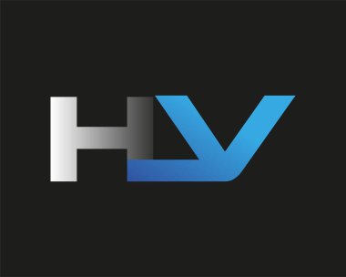 İlk harf HV logotype şirketinin adı mavi ve gümüş rengi desenli. Siyah arkaplanda izole.