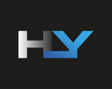 İlk harf HY logotype şirketinin adı mavi ve gümüş rengi desenli. Siyah arkaplanda izole.