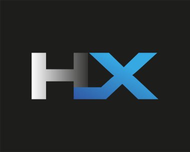 İlk harf HX logotype şirketinin adı mavi ve gümüş rengi Swoosh tasarımı. Siyah arkaplanda izole.