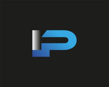İlk harf IP logotype şirketi adı mavi ve gümüş rengi Swoosh tasarımı. Siyah arkaplanda izole.