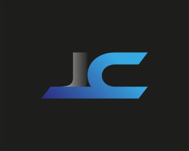 İlk harf JC logotype şirketinin adı mavi ve gümüş rengi desenli. Siyah arkaplanda izole.