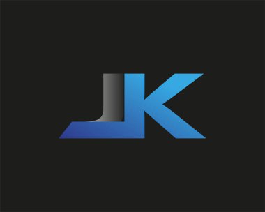 İlk harf JK logotype şirketinin adı mavi ve gümüş rengi desenli. Siyah arkaplanda izole.
