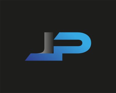 İlk harf JP logotype şirketinin adı mavi ve gümüş rengi desenli. Siyah arkaplanda izole.