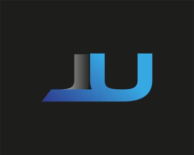 İlk harf JU logotype şirketinin adı mavi ve gümüş rengi desenli. Siyah arkaplanda izole.