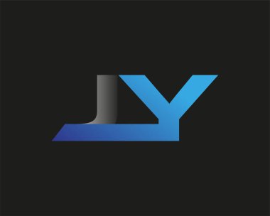 İlk harf JY logotype şirketinin adı mavi ve gümüş rengi desenli. Siyah arkaplanda izole.