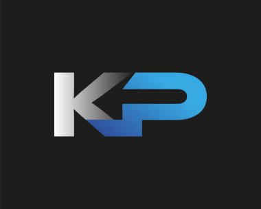 İlk harf KP logotype şirket adı mavi ve gümüş rengi swoosh tasarımı. Siyah arkaplanda izole.