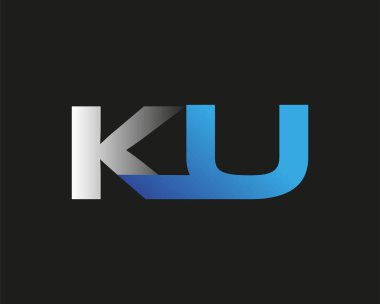 İlk harfi KU logotype şirketinin adı mavi ve gümüş rengi desenli. Siyah arkaplanda izole.