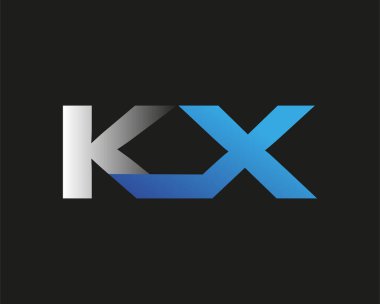İlk harfi KX logotype şirketinin adı mavi ve gümüş rengi desenli. Siyah arkaplanda izole.
