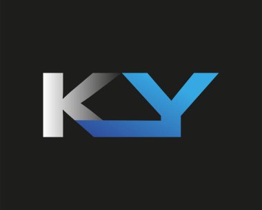 İlk harfi KY logotype şirketinin adı mavi ve gümüş rengi desenli. Siyah arkaplanda izole.