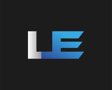 İlk harf LE logotype şirketinin adı mavi ve gümüş rengi desenli. Siyah arkaplanda izole.
