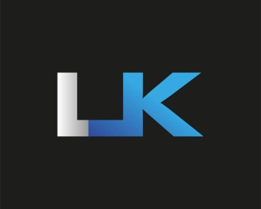 İlk harf LK logotype şirketinin adı mavi ve gümüş rengi desenli. Siyah arkaplanda izole.