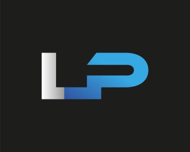 İlk harf LP logotype şirket adı mavi ve gümüş rengi Swoosh tasarımı. Siyah arkaplanda izole.
