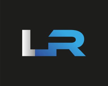 İlk harf LR logotype şirketinin adı mavi ve gümüş rengi desenli. Siyah arkaplanda izole.