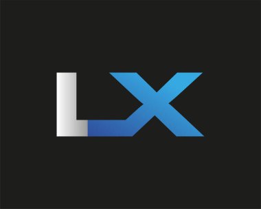 İlk harfi LX logotype şirketinin adı mavi ve gümüş rengi desenli. Siyah arkaplanda izole.