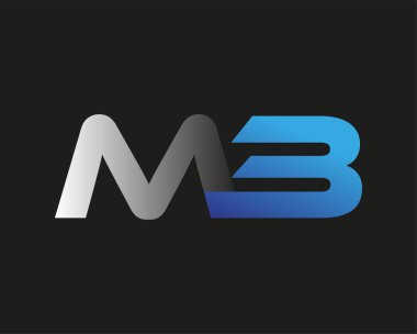 İlk harf MB logotype şirketinin adı mavi ve gümüş rengi desenli. Siyah arkaplanda izole.